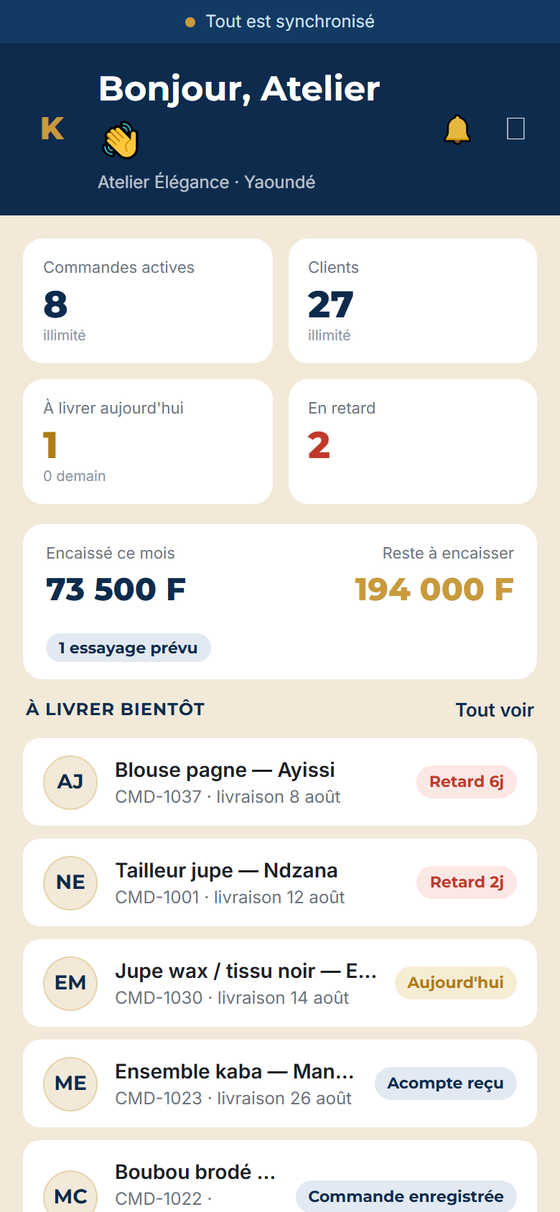 Tableau de bord de l'atelier dans KOUTIVO