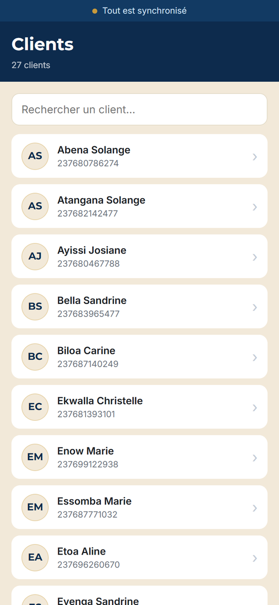 Liste des clients dans l'application KOUTIVO