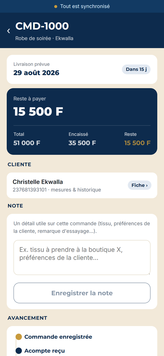 Détail d'une commande avec reste à payer dans KOUTIVO