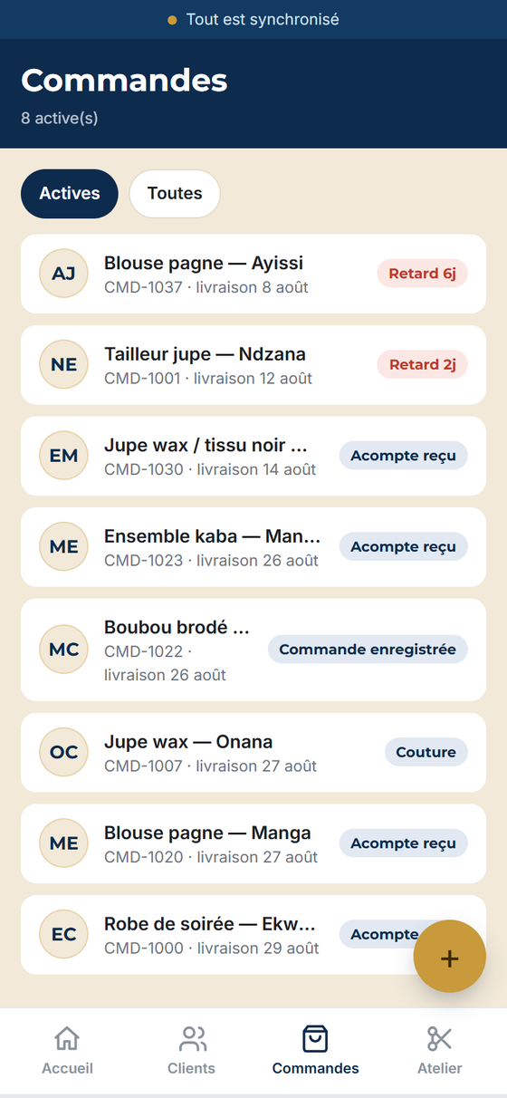 Liste des commandes dans l'application KOUTIVO