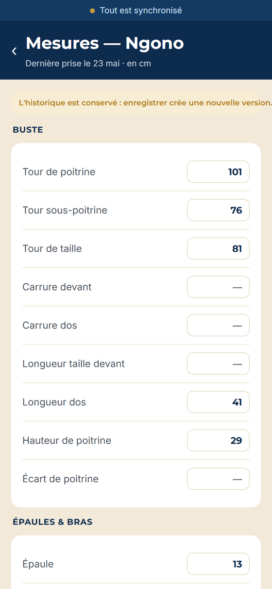 Fiche de mensurations dans l'application KOUTIVO